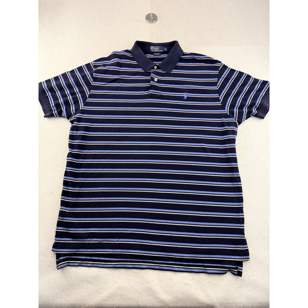 Polo Ralph Lauren Mens XL Navy Blue Striped Pima Cotton Short Sleeve Polo Shirt